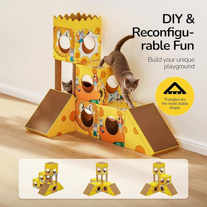 DIY Cat Tree, Multi-Level Cat Tower with Scratching Posts, Scratching Board, Tunnel & Playhouse for Kittens & Multiple Cats, Recyclable Cardboard, 48.8"×25"×40.2", Yellow Mouse
