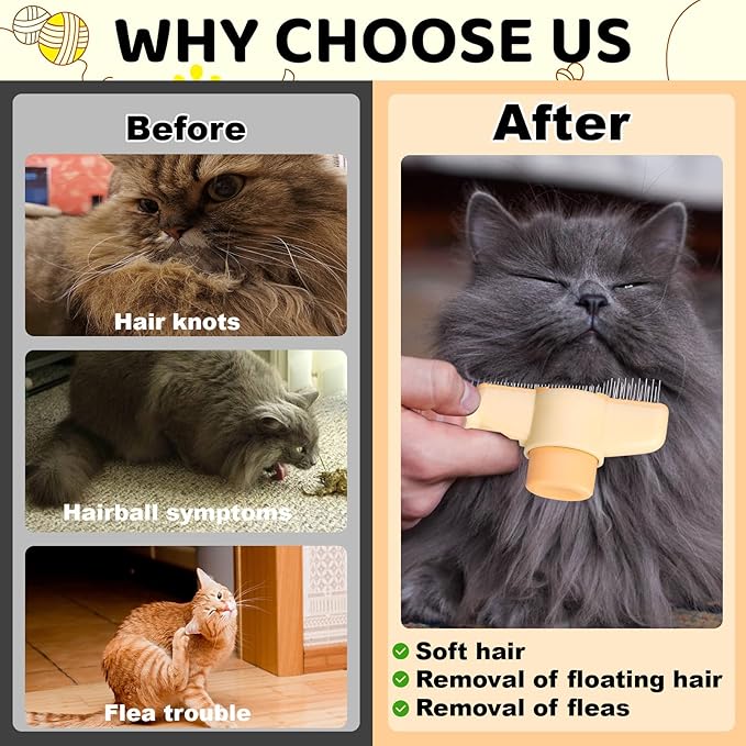 XANGNIER Pet Hair Removal Comb One-Click Self-Cleaning Grooming Brush, De-Shedding Comb for Short & Long Hair, Pet Grooming Supplies for Cats & Dogs, Yellow