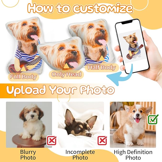 Easycosy Custom Photo Pillow, Personalized Pet Pillow Shaped Like Your Dog Cat, Customized Stuffed Animal Picture Pillowcase, Christmas Birthday Funny Gag Gifts for Her Him Pet Lovers(8 Inch)