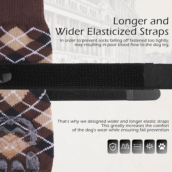 EXPAWLORER Dog Socks to Prevent Licking Paws,Dog Shoes for Hot Pavement,4 Pcs Double Sided Anti Slip Dog Socks with Grippers,Dog Booties for Small Medium Large Senior Dogs,British Style,Brown S