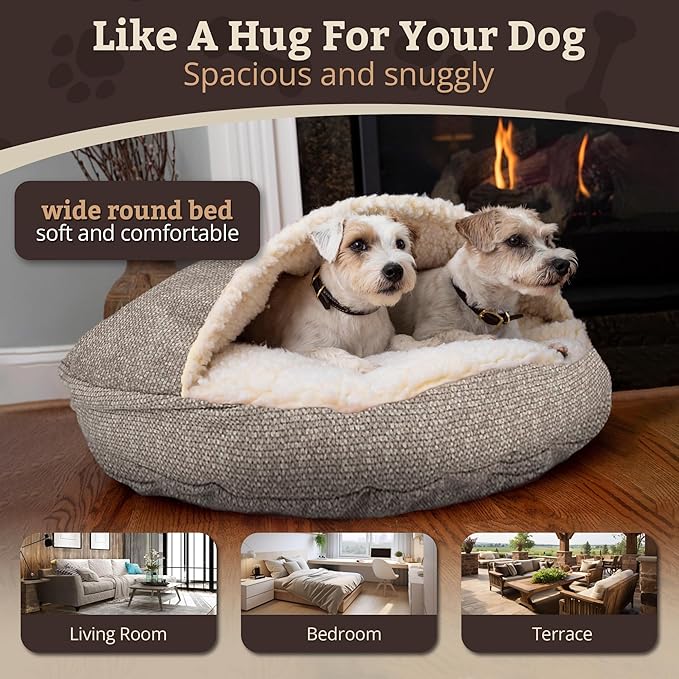 Snoozer Cozy Cave Dog Bed - Indoor Dog Bed with Cover Cave, Covered Calming Burrow for Small & Medium Sized Pets with Blanket Attached, Enclosed, Removable Washable Cover - Large, Merlin Linen