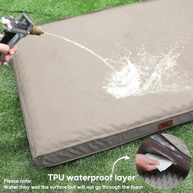 Outdoor All Weather XL Dog Bed, Waterproof Pet Bed for Extra Large Dogs, Orthopedic Egg Crate Foam with Removable Washable Oxford Cooling Cover, 44x32 Inch, Khaki