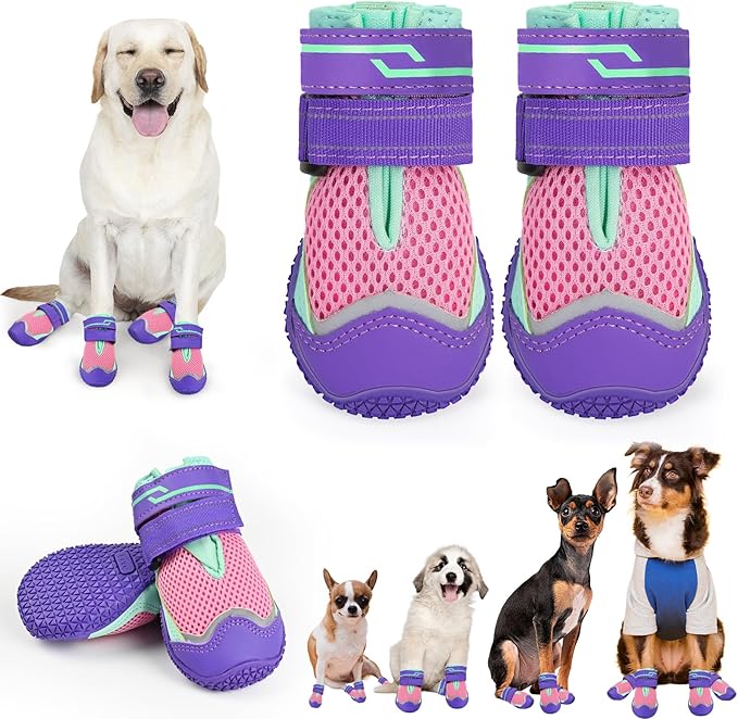 Dog Boots for Large Dogs, Medium Dog Shoes for Winter Snow, Non- Slip, Outdoor Dog Booties with Reflective Strap for Snowy Hardwood Floor Hiking Walking, Purple Size 6