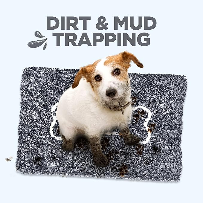 Soggy Doggy Doormat with Bone Design - Ultra Absorbent Microfiber Chenille Wet Dog Mat for Muddy Paws - Non-Slip and Machine Washable (Grey/Light Grey Bone, Large 26” x 36”)