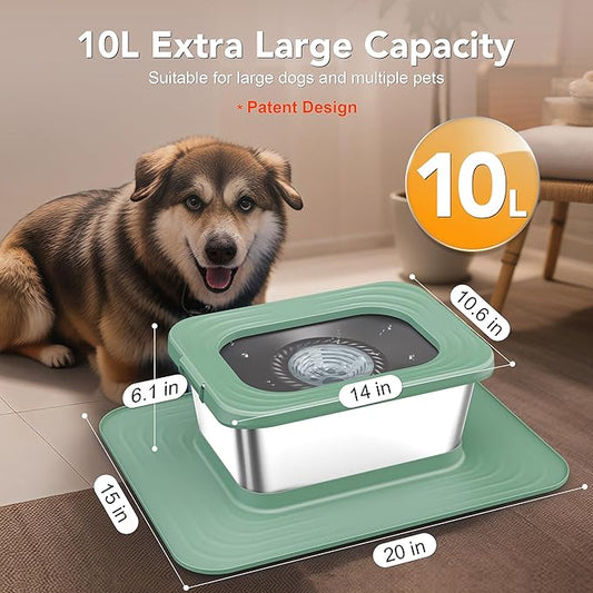 Decflow 10L Stainless Steel Dog Water Bowl, No Spill Anti-Splash Dog Bowls with XXL Silicone Mat, Spill-Proof Slow Feeder for Messy Drinkers, Heavy Duty Pet Bowls for Indoor/Outdoor Use Green