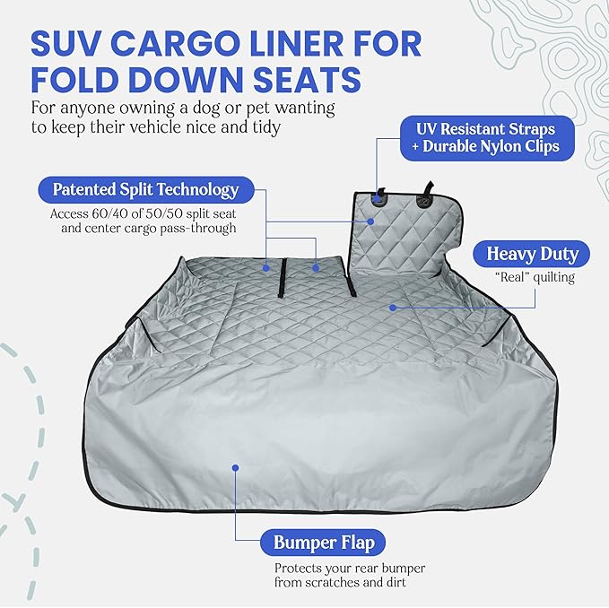4Knines Split Cargo Liner for SUV – for Dogs & Pets, Heavy-Duty, Waterproof Trunk Mat & Cargo Cover – Fits 60/40 Split Bench & Armrest Pass-Through – Machine Washable, Non-Slip (Extra Large, Grey)