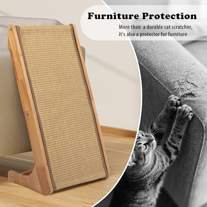L Shaped Sisal Cat Scratcher - 28 Inch Cat Scratch Ramp for Indoor Cat use,Vertical Cat Scratching Post,Wooden Climbing Kitten/Cats Furniture(Large)