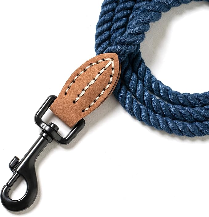 Mile High Life Dog Leash, Braided Cotton Rope Leashes with Leather Tip - Heavy Duty Metal Clasp, 6FT, 1/3" Thick - Wedding, Walking Leash for Small Medium Puppys(Navy)
