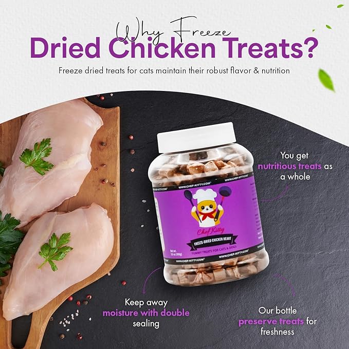 Chef Kitty Freeze-Dried Chicken Heart Treats for Cats & Dogs – 100% Human Grade, Single Ingredient, High-Protein, Healthy Snack – No Additives or Preservatives – 2.6oz - Inspected & Tested in USA