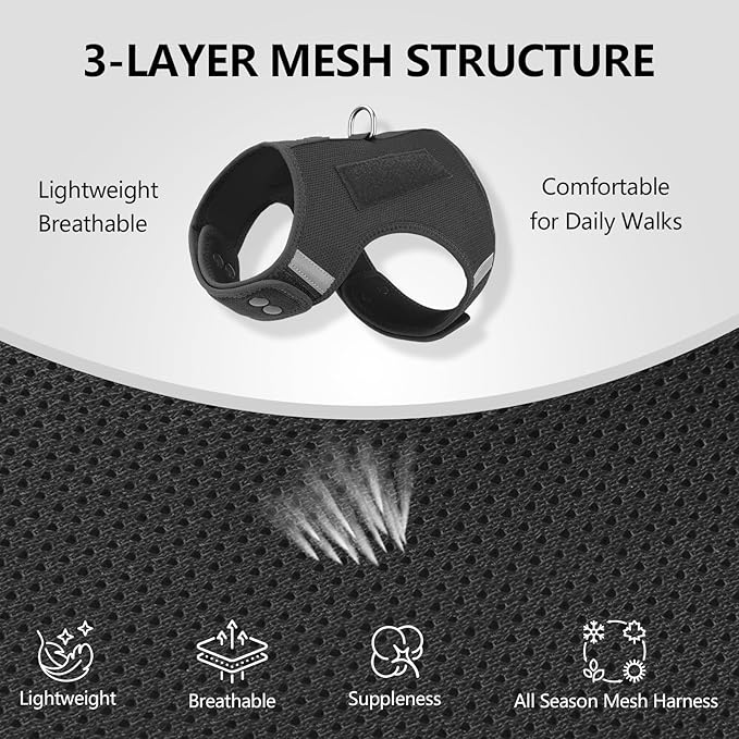 Dog Harness for Puppy – Adjustable Reflective Easy Put On Soft Mesh Vest for Small Dogs with 2 Patches (Black,L)