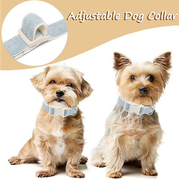 Cotton Hemp Dog Collar Adjustable, Light Blue Dog Collar Soft Natural Fabric with Quick Release, Cute Wedding Puppy Necklace for Small Medium Large Dog, Light Blue-L