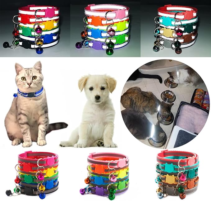 18Pcs Reflective Puppy Collars, Cat ID Collars with Bell Adjustable 19-32cm, Soft Nylon Adjustable Breakaway Identification Collars for Puppy Kittens