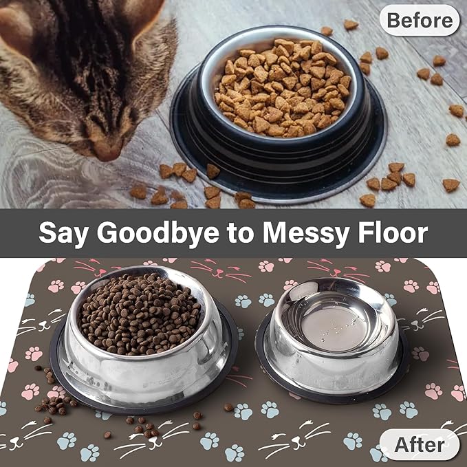 Patterned Cat & Dog Bowl Mat for Food and Water, 12"×20" Quick Dry Absorbent Pet Feeding Mat, Eco-Friendly Dog Placemat