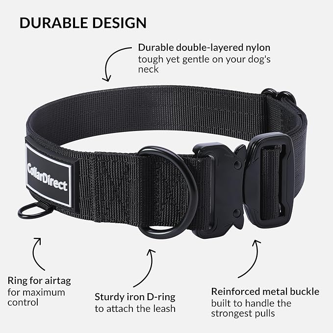 Heavy Duty Dog Collar for Large or Medium Dogs, Adjustable Strong Dog Collar for Active Dogs, Double-Layered Nylon (Black, 15-23)