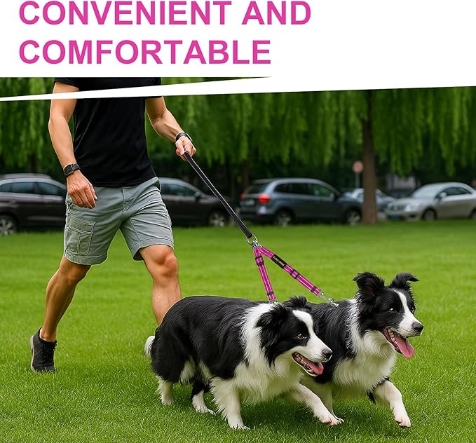 MingXpet Double Dog Leash for Two Dogs, No Pull Dog Leash, 360° Swivel No Tangle for Medium Dogs Walking & Training, Shock Absorbing Reflective Bungee, Rose
