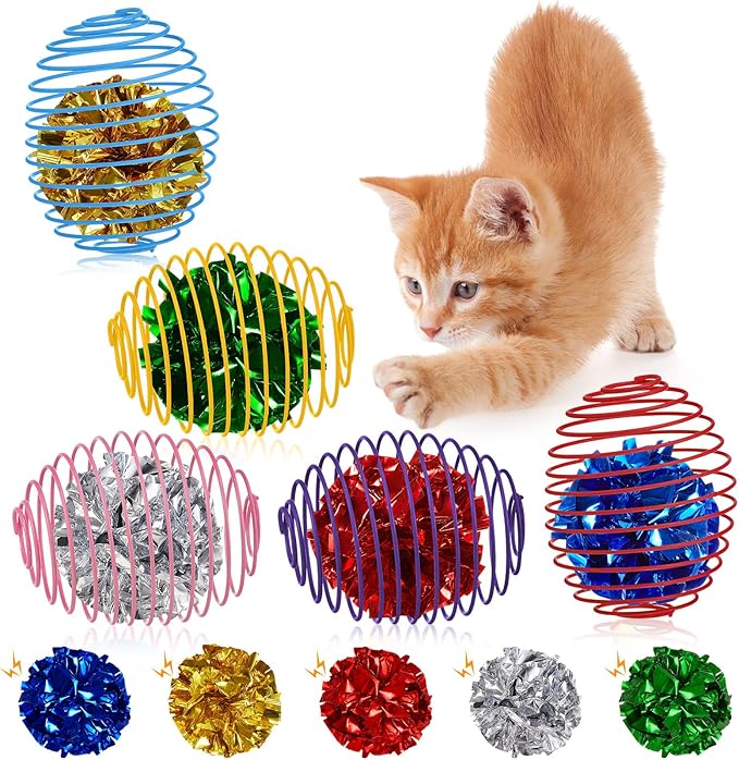 Jecery 5 Pcs Cat Spring Balls Toys Stretchable Rolling Balls Colorful Playful Coils Interactive Action Toy Caged Rats for Kitten Pet Supplies (Crinkle Ball,Multicolor)