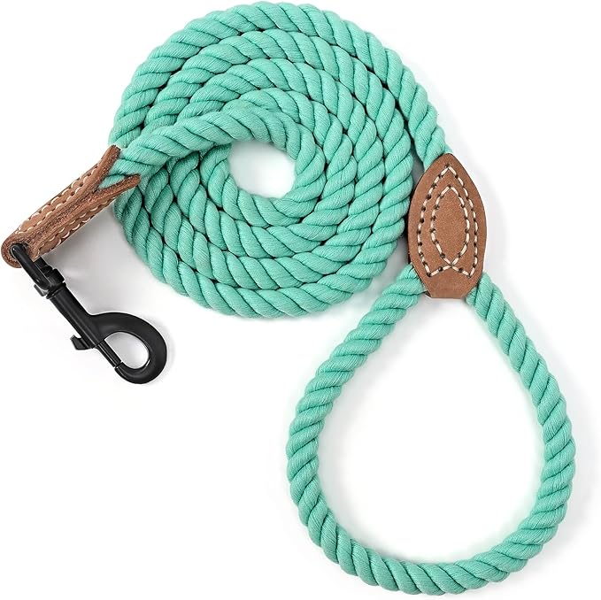 Mile High Life Dog Leash, Braided Cotton Rope Leashes with Leather Tailor Tip with Leather Tip - Heavy Duty Metal Clasp, 6FT, 1/2" Thick - Wedding, Walking Leash for Medium Large Dogs(Green)