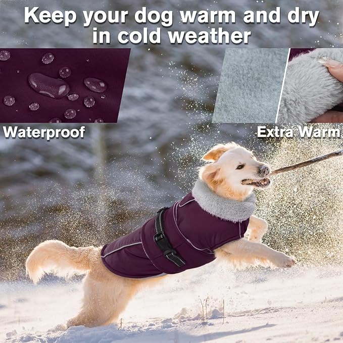 Lelepet Warm Dog Coat Waterproof Dog Jacket for Extra Large Dogs Reflective Fleece Vest with Adjustable Buckle Hook & Loop Windproof Cold Weather Coats for Small Medium Large Dogs, Dark Purple, XXXL