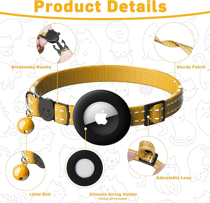 Airtag Cat Collar, Safety Breakaway Cat Collar with Apple Airtag Holder, Reflective Air Tag Kitten Collar with Bell, Adjustable Tracking Collar for Kittens for Boys Girls, Yellow