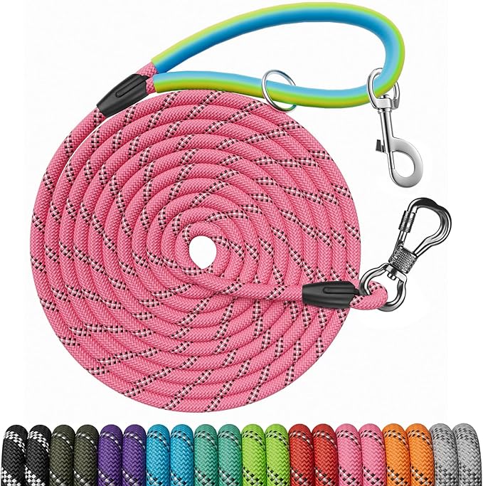 NTR Dog Long Leash, 100FT Recall Training Rope Lead, with 2 Swivel Hooks, Reflective Threads and Soft Rubber Handle, Puppy Leash for Walking, Hunting, Camping for Small Medium Large Dogs-Pink