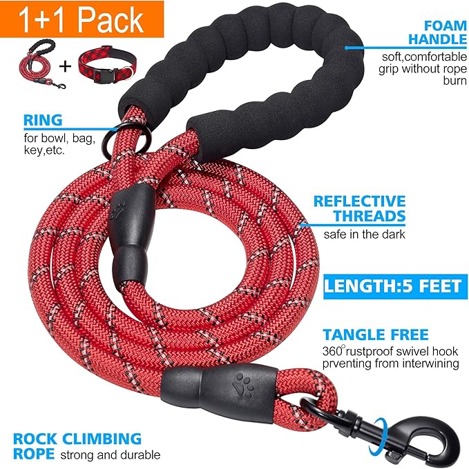 Reflective Dog Collar Padded with Soft Neoprene Breathable Adjustable Nylon Dog Collars for Small Medium Large Dogs (Small (Pack of 1), Red Plaid Collar+Leash)