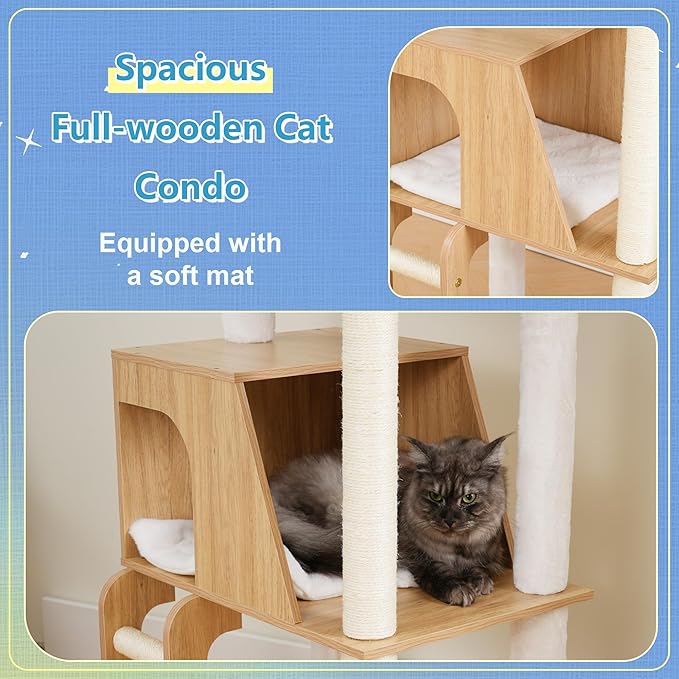 Hey-brother Wooden Cat Tree, 69.7 inch Cats Furniture Tower with Large Platforms, Hammocks, Spacious Condo, Full Sisal Scratching Posts, Ladder, Brush, Water Proof Surface, White Oak MPJ120BT