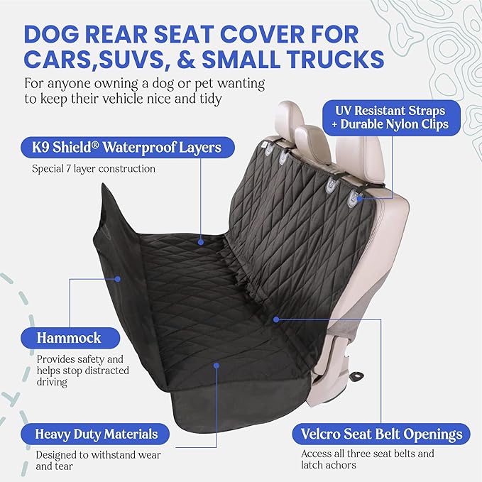 4Knines Dog Backseat Cover with Hammock for Cars, SUVs, and Trucks – Waterproof Layers, Nonslip Seat Protector, Durable Nylon Clips, K9 Shield with Heavy Duty Thread, (Regular, Grey)