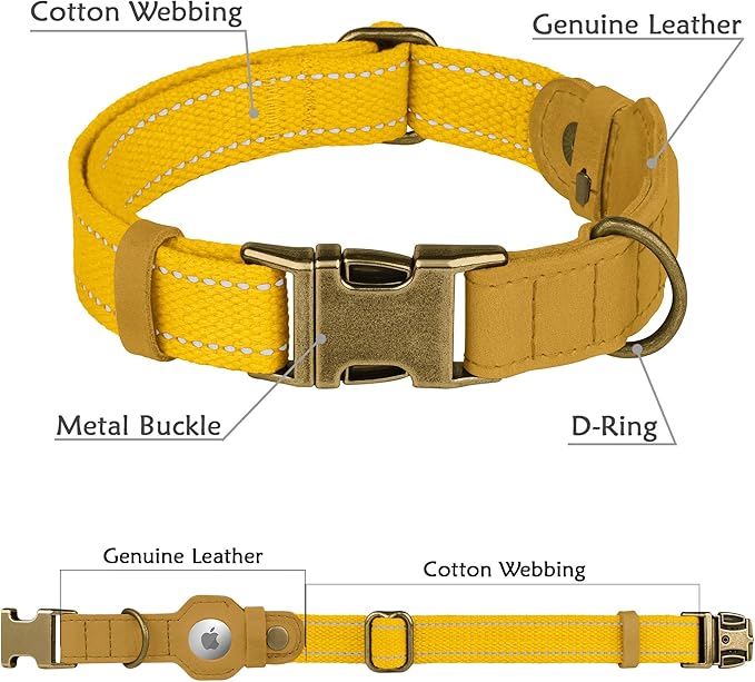 Reflective Leather Dog Collar with AirTag Holder - Soft Apple Airtag Dog Collar with Metal Buckle - Safety Cotton Pet Collars for Dogs Small Large Dogs Puppy (Yellow, S, 12"-15")