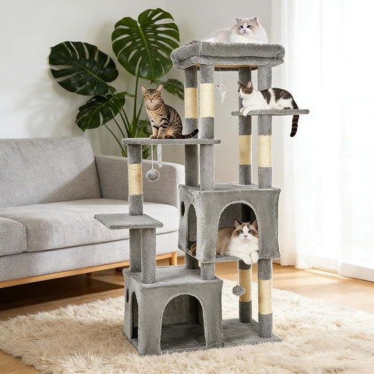 Cat Tree - 157cm Tall, Sisal Wrapped Scratching Post, Cat Nest, Hanging Ball, Extended Platform
