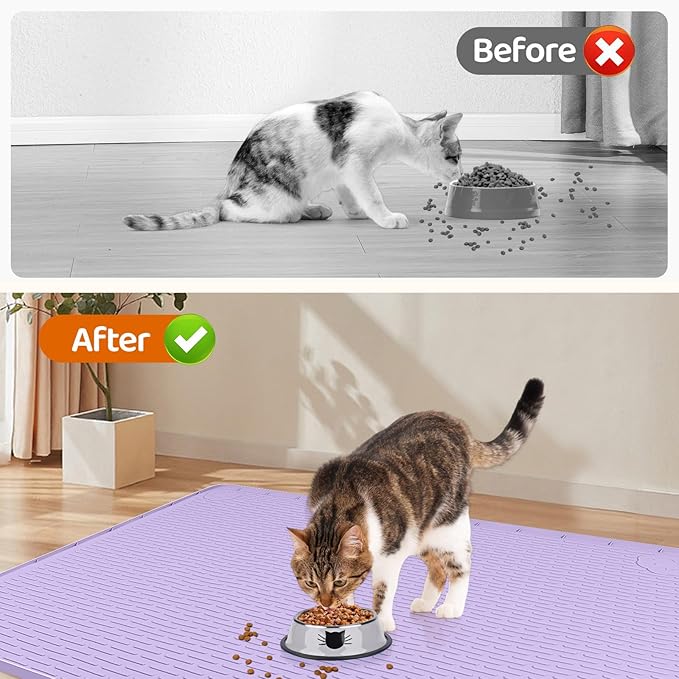 Cat Food Mat, 34" x 22" Large Silicone Pet Feeding Mat for Food and Water Bowls Non-Slip, Easy to Clean (Purple)