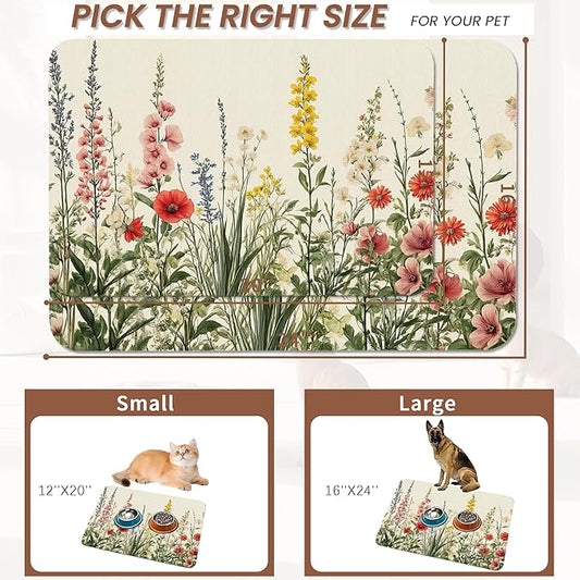 Vintage Flower Botanical Garden Dog Cat Food Mat,Absorbent Pet Feeding Mat for Food and Water,Non-Slip Dog Bowl Mats Floor Protector 12"x20"