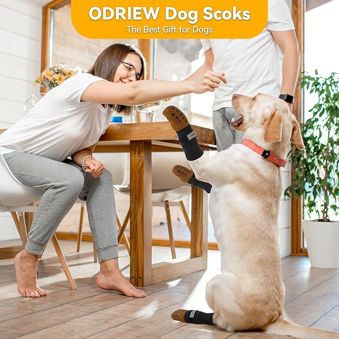 ODRIEW Non Slip Dog Socks to Prevent Licking Paws - Dog Booties for Hardwood Floors Anti Slip - Grippy Socks for Senior Dog - Double Side Paw Protector Prevent Scratching for Hot Pavement. (Khaki, XS)