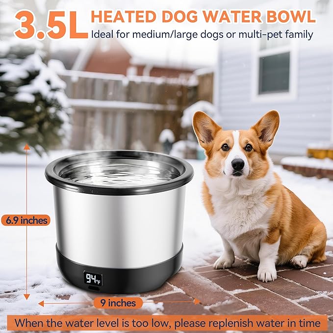 3.5L Heated Water Bowl, Stainless Steel Heated Dog Bowl with Digital Display and Adjustable Temperature, Heated Outdoor Pet Water Bowl Provides Warm Water for Dogs
