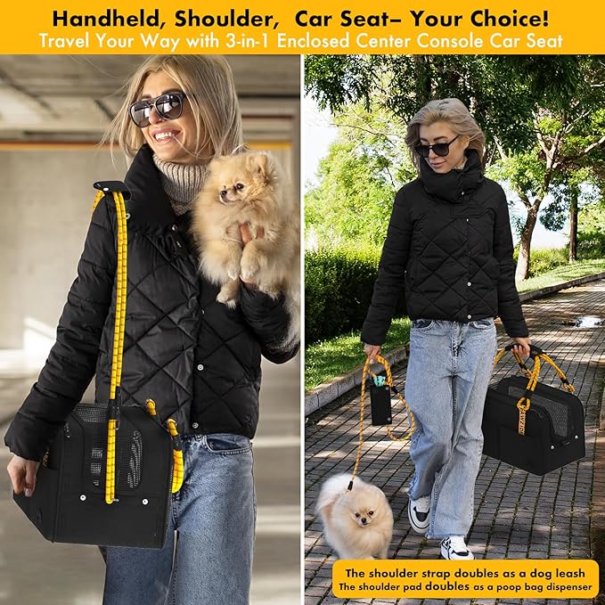 PAWZIDEA Center Console Dog Car Seat, Enclosed Small Dog Armrest Booster Carseat, Secure Straps &Anti Slip, Portable TSA Approved Puppy Pet Carrier Soft-Sided, Removable Pillow Storage Pocket, up 12lb