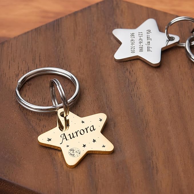 Anavia Small Size Dog Cat ID Tags, Small/XS Personalized Color Plated Stainless Steel Puppy Kitten Name Tags, Customized Engraved Nameplate Pet Collar Tag (Purple, Star)