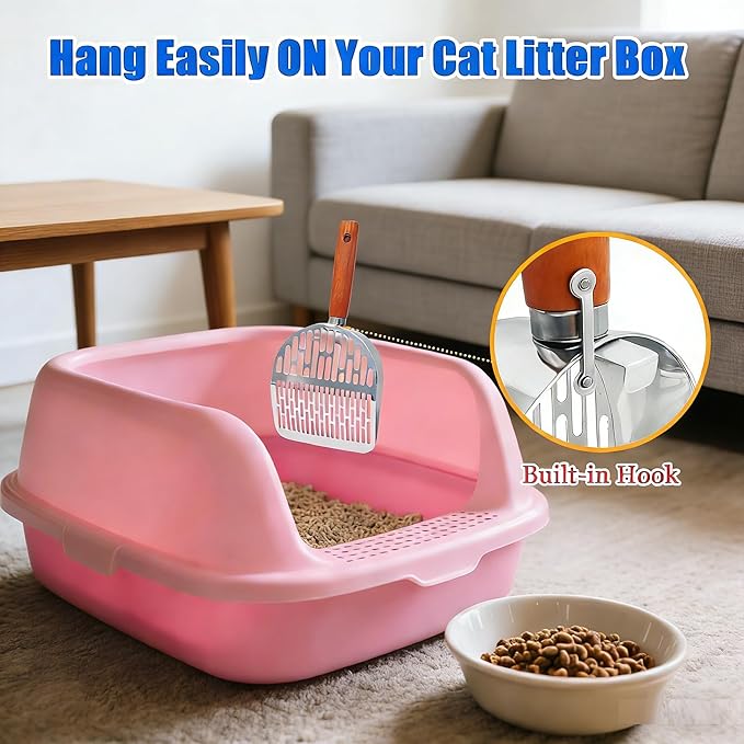 Cat Litter Scoop Metal 304 Stainless Steel, One-Piece Pressed Design with No Weld Spots, Durable Anti-Break Handle, Dual Slot Sizes, with Holder Stand, Easy to Clean, Filters Small Litter Clumps