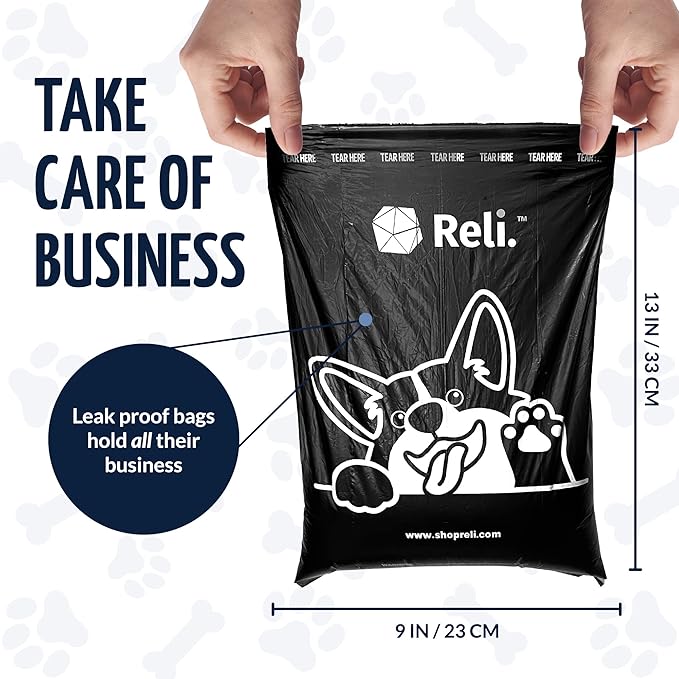 Reli. Dog Poop Bags (2000 Pack, 5 Large Rolls) | 9"x13" Large Poop Bags for Dogs | Unscented, Leak Proof for Doggie/Pet Waste Clean Up | Black | Dispenser Box | Bulk