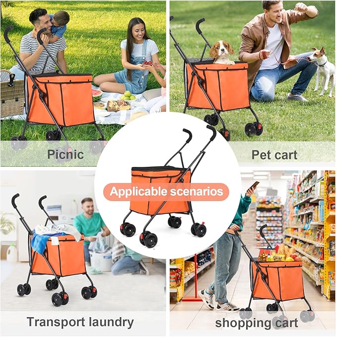 Dog Strollers, Shopping Cart, Collapsible Folding Utility Wagons Carts Heavy Duty, The Original Patented, 60lbs Capacity, Minimalist for Cats Pets Outdoor Camping Shopping Sports Garden (Orange)