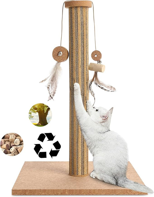 Vertical Cat Scratching Post-Cork-cat Scratcher with Feather Toy-cat Tree-cat scratchers for Indoor Cats Toys Stable Base-Eco-Friendly-Safe-Noise-Reducing for Claw Health-Fits Home Decorate