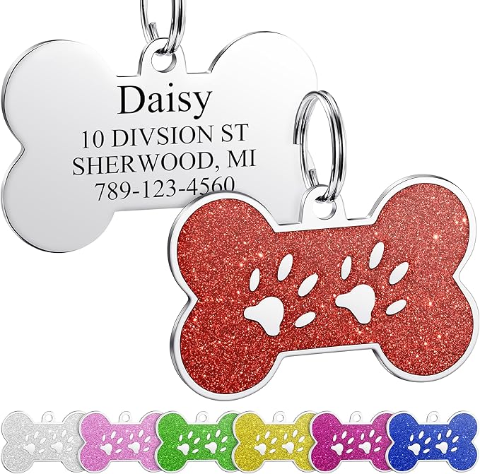 YEHANTI Dog Tags Personalized for Pets with Glittery Front Design - Beautiful Stainless Steel Cats Dogs ID Tags - Engraved with Laser - Stylish Dog Collar Accessories (Red, L)