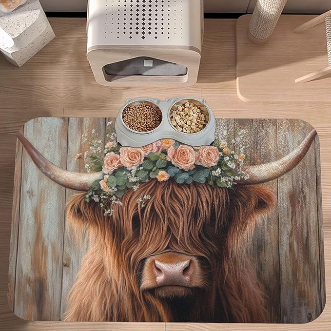 Highland Cow Dog & Cat Food Mat for Floors Waterproof,Quick Dry Anti-Slip Bowl Mats for Food and Water,Pet Feeding Mats,Pet Placemat for Messy Drinkers to Protect Floors,Pets Supplies 23.62×15.75in