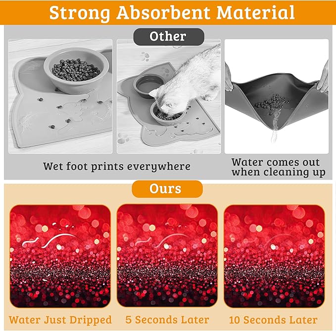 Red Gradienr Feeding Mat,Black Glitter Absorbent Quick-Dry Cat Dog Food and Water Bowl Mats,Non-Slip Rubber Backing Mat,Cat Dog Accessories Supplies 12" x 20"
