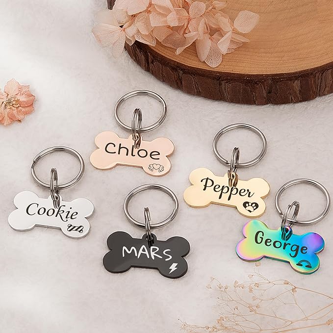 Anavia Small Size Dog Cat ID Tags, Small/XS Personalized Color Plated Stainless Steel Puppy Kitten Name Tags, Customized Engraved Nameplate Pet Collar Tag (Rainbow, Bone)