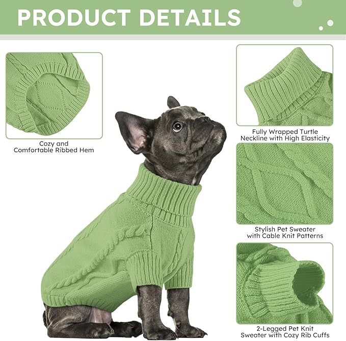 Queenmore Small Dog Pullover Sweater, Cold Weather Cable Knitwear, Classic Turtleneck Thick Warm Clothes for Chihuahua, Bulldog, Dachshund, Pug, Yorkie (Green, Small)
