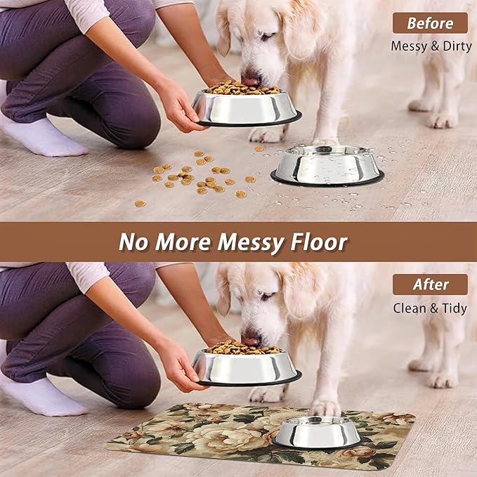 Roses Peonies Pet Feeding Mat,Vintage Luxury Shabby Chic Flower Absorbent Quick-Dry Cat Dog Food and Water Bowl Mats,Non-Slip Rubber Backing Mat,Cat Dog Accessories Supplies 16"x24"