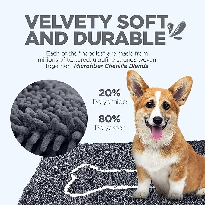 Soggy Doggy Doormat with Bone Design - Ultra Absorbent Microfiber Chenille Wet Dog Mat for Muddy Paws - Non-Slip and Machine Washable (Grey/Light Grey Bone, Large 26” x 36”)