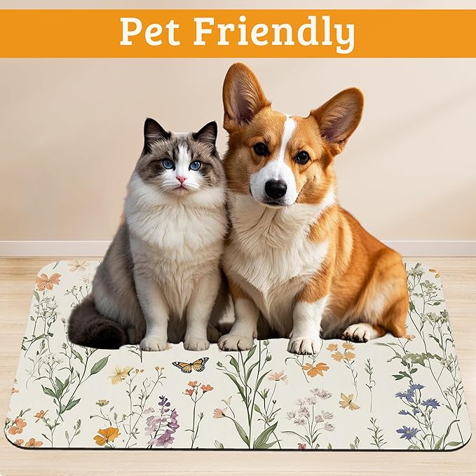 Wildflowers Butterfly Dog Cat Food Mat,Plants Absorbent Waterproof Placemat for Food and Water Non Slip Rubber Backing Durable Feeding Pad for Clean Floors 16" x 24"