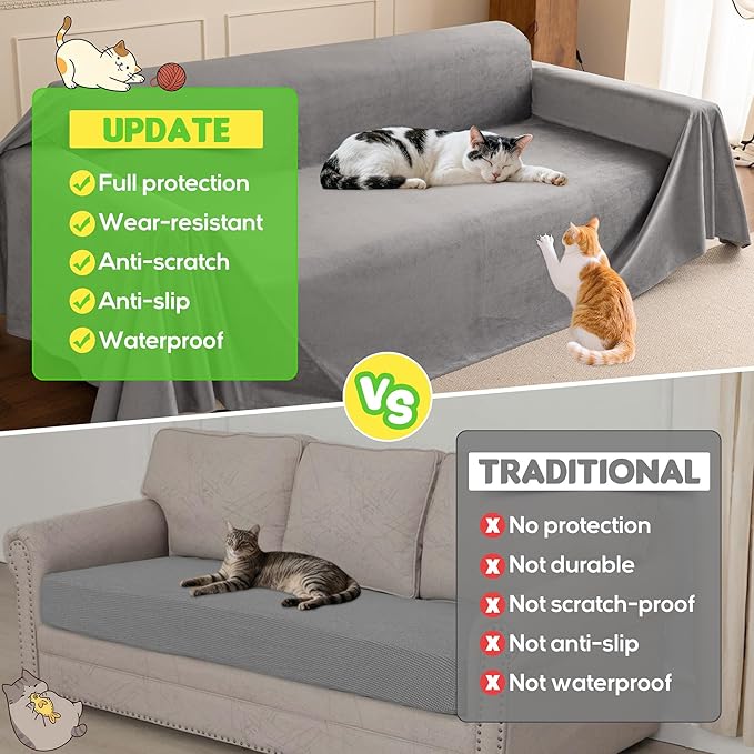 Loiion Cat Scratch Furniture Protector - Ultra Soft, Waterproof Sofa Cover to Keep Cats Off, Pet-Friendly Couch Protectors for Love Seat, Anti-Slip Couch Cover for Pets and Kids 118"X71" Grey