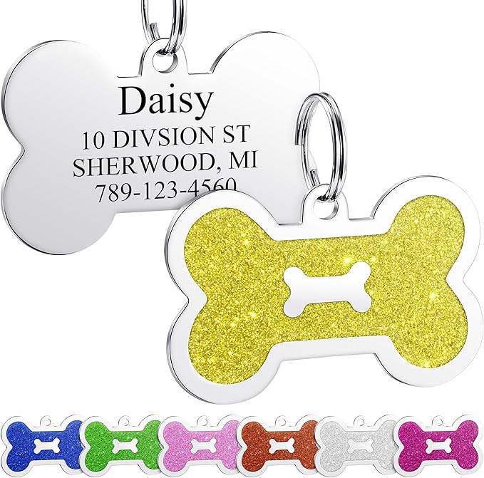YEHANTI Dog Tags Personalized for Pets with Sparkly Front Design - Gorgeous Stainless Steel Cats Dogs ID Tags - Engraved with Laser - Stylish Dog Collar Accessories (Gold, S)