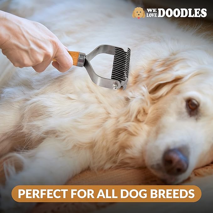 Pet Dematting Comb for Dogs and Cats with Wood Handle, Deshedding Undercoat Rake for Dogs with Stainless Steel Blades, Dog Comb for Detangling Thinning and Shedding, All Hair Types [We Love Doodles]